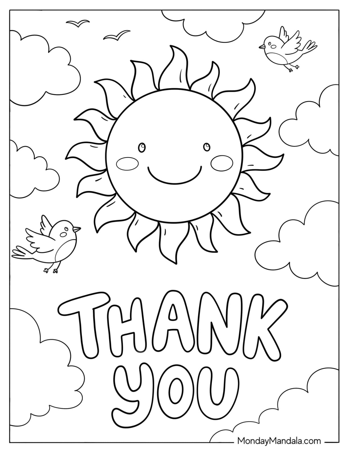 Smiling Sun in the Sky with Thank You Text Coloring Sheet for Kids