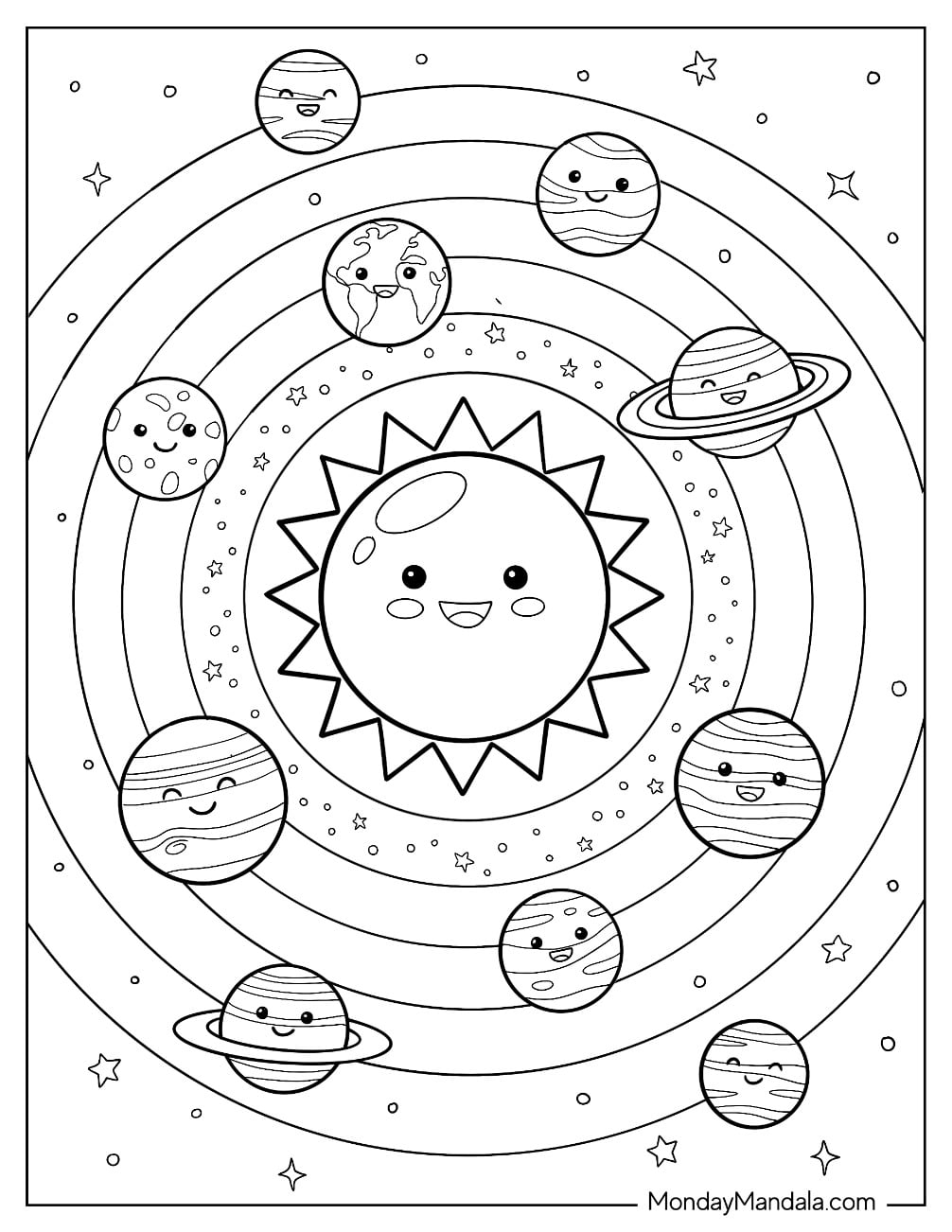 Smiling Sun with Orbiting Planets in the Solar System Coloring Page