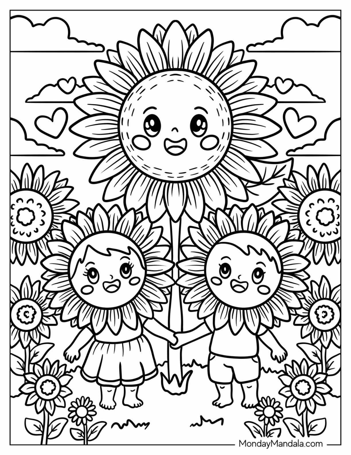 Smiling Sunflower Coloring Page with Children in Costumes for Kids
