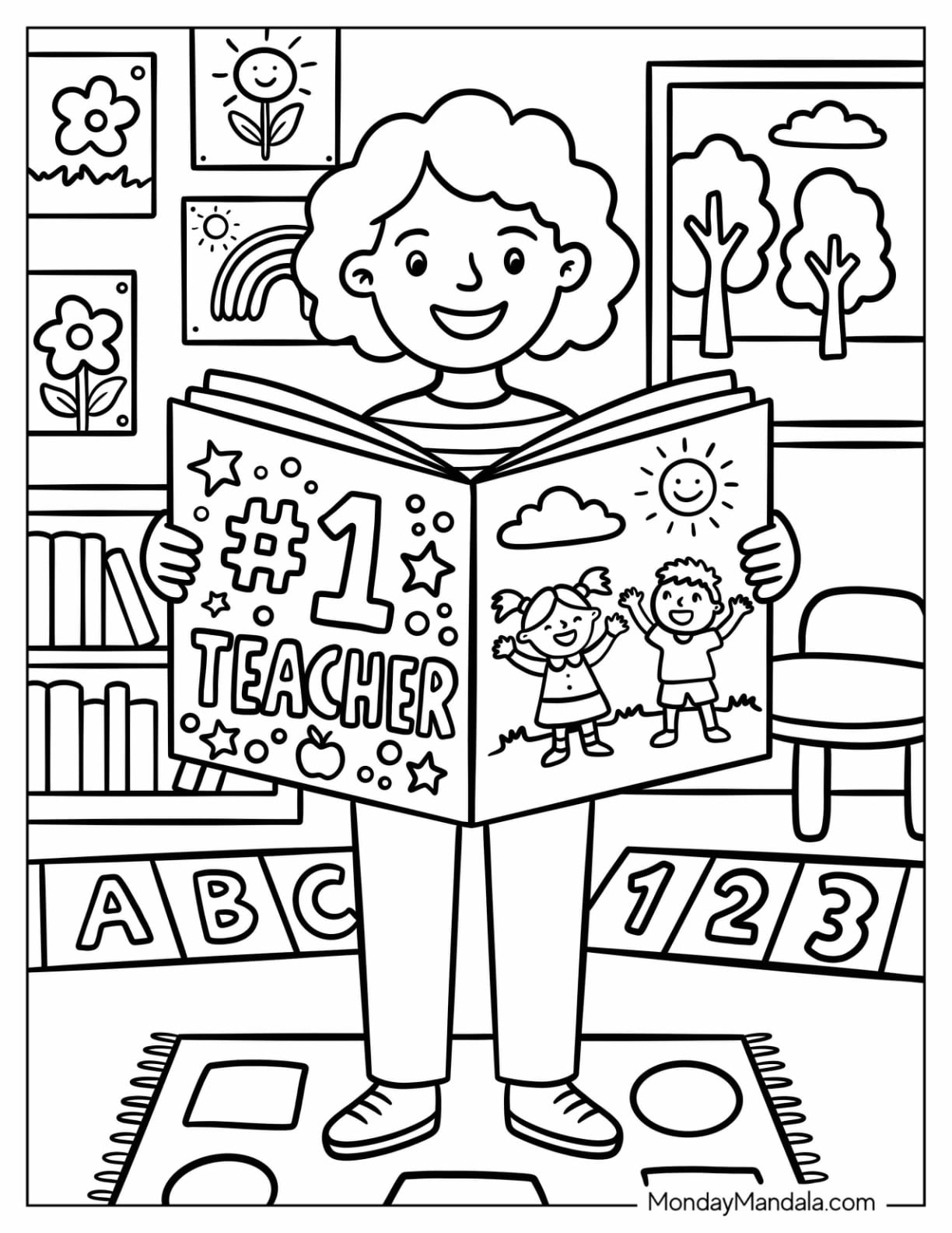 Smiling Teacher Coloring Page Holding a Massive Storybook