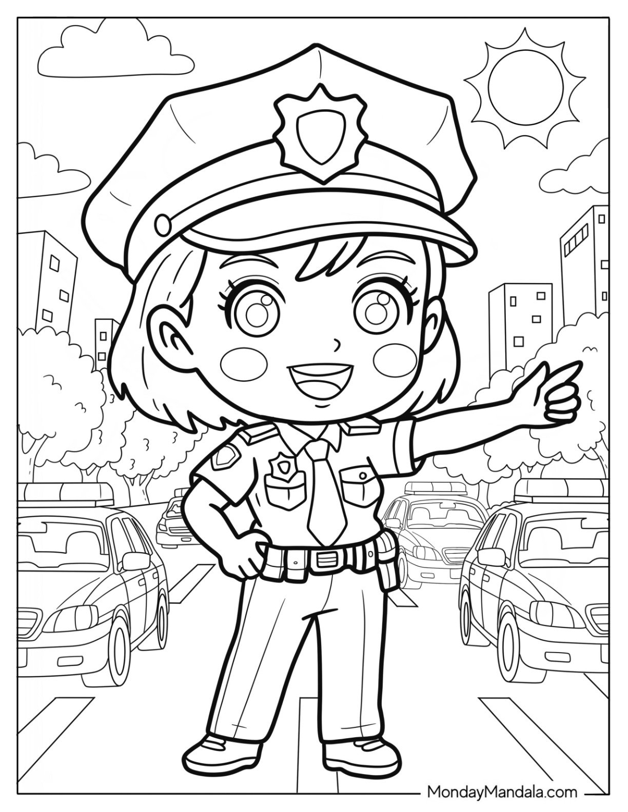 Smiling Traffic Police Coloring Page Directing Cars for Kids