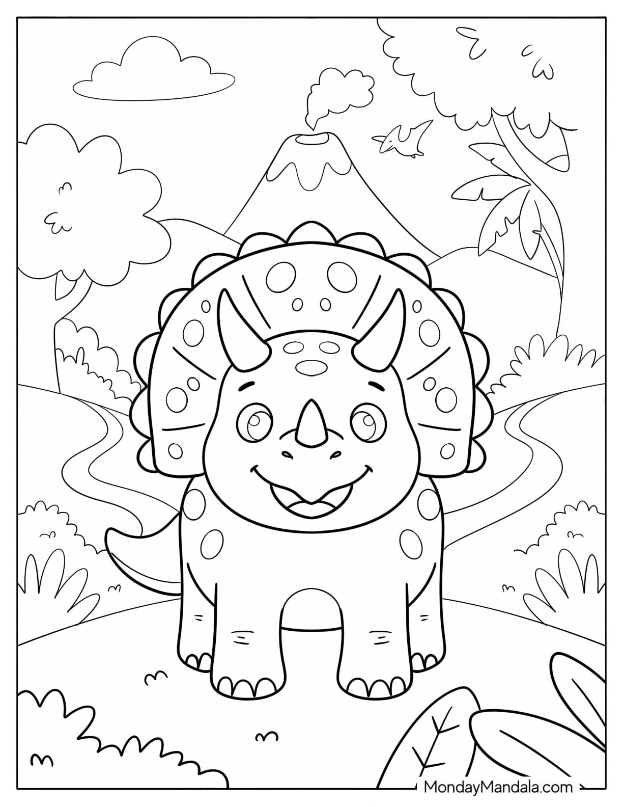 Smiling Triceratops Standing Near a Volcano Coloring Page