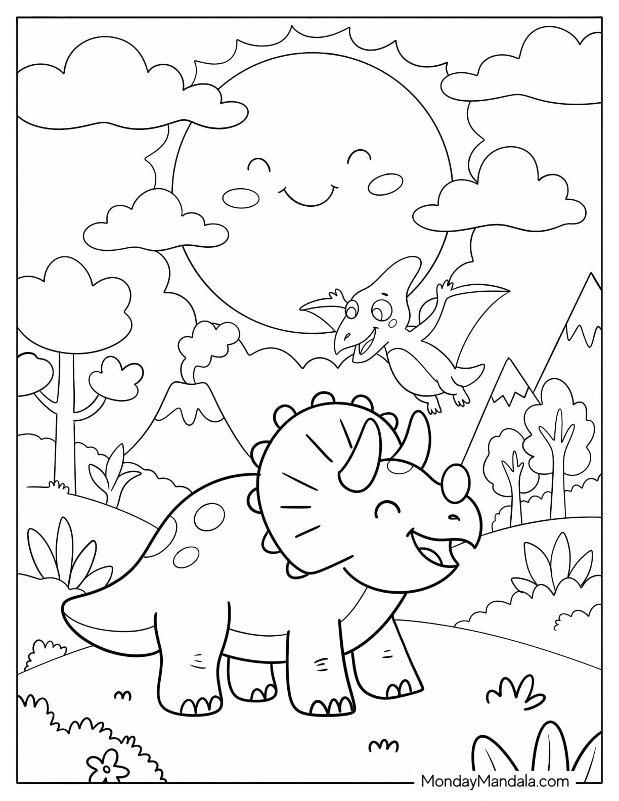 Smiling Triceratops Watching a Pterodactyl Fly