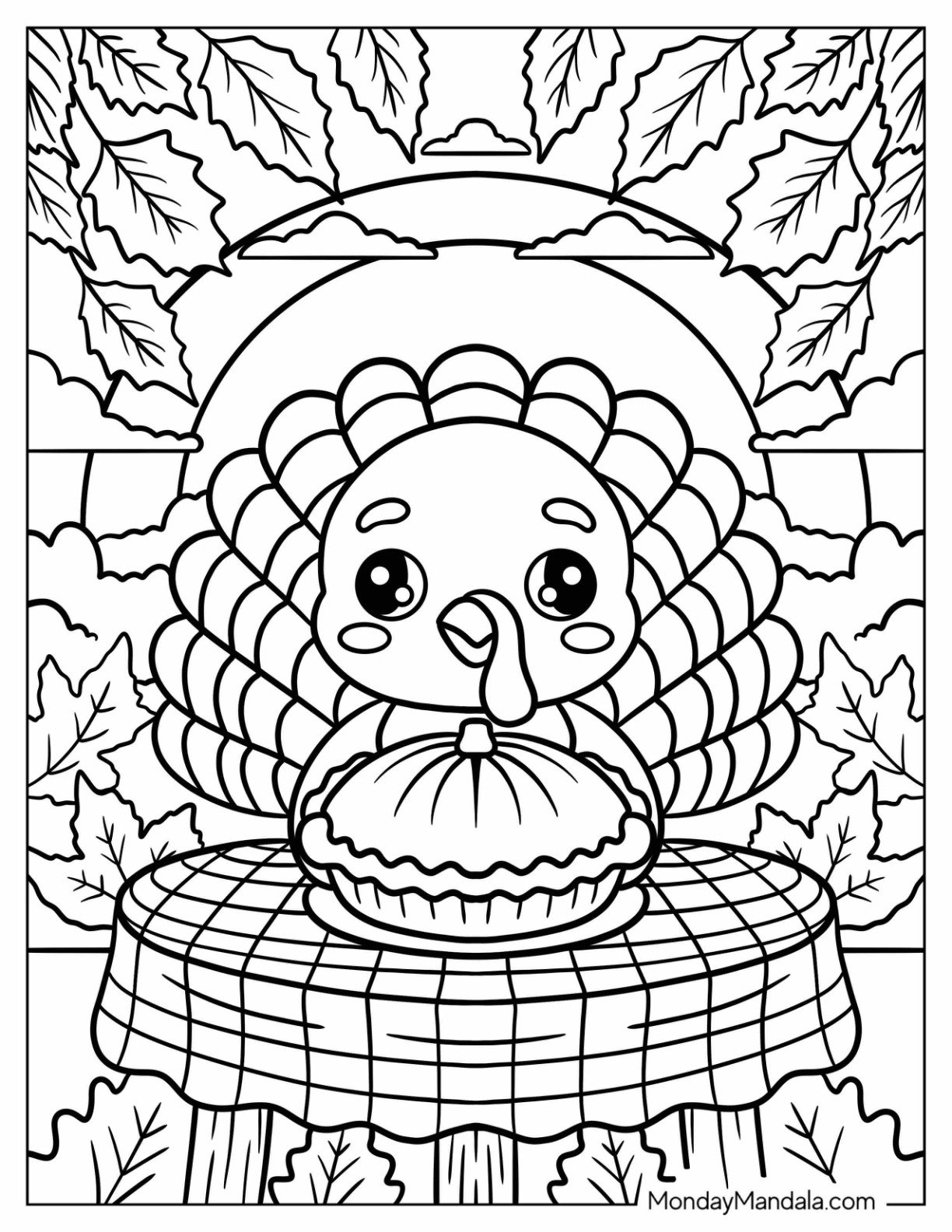 Thanksgiving Coloring Page of Smiling Turkey with Pie on Plaid Tablecloth