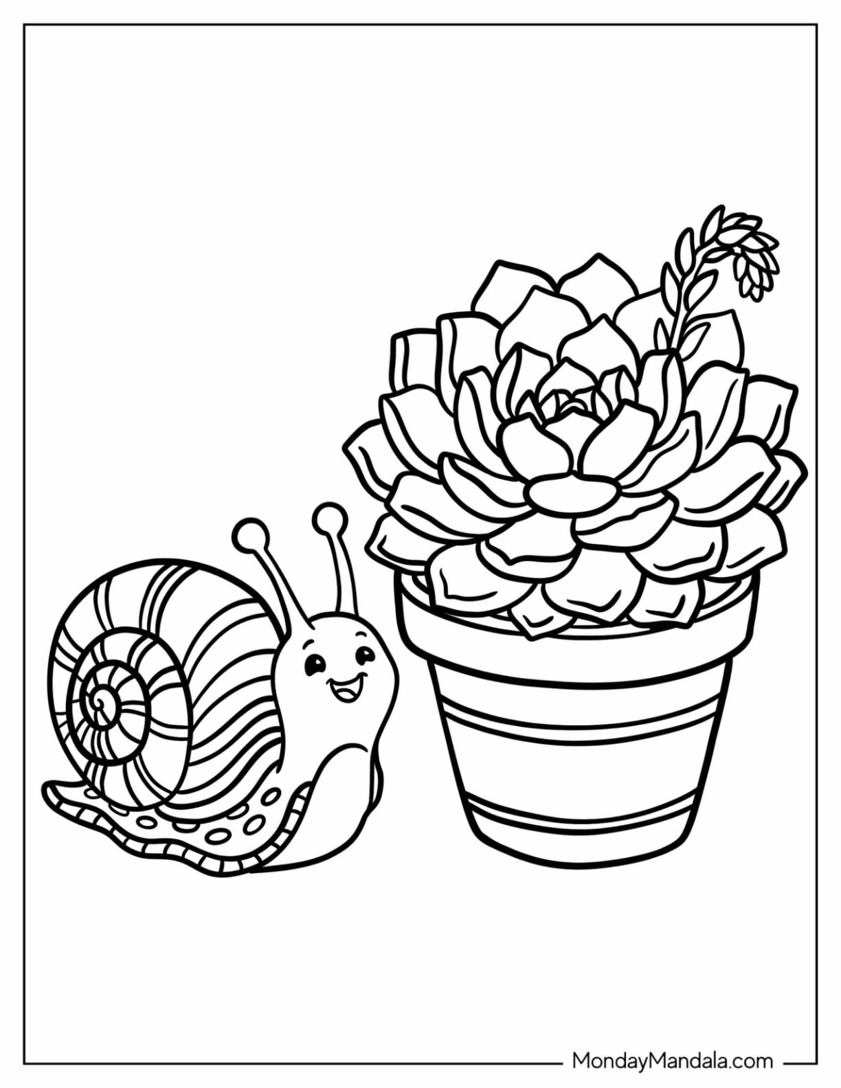 Snail Beside a Flowering Echeveria Succulent Coloring Page for Kids