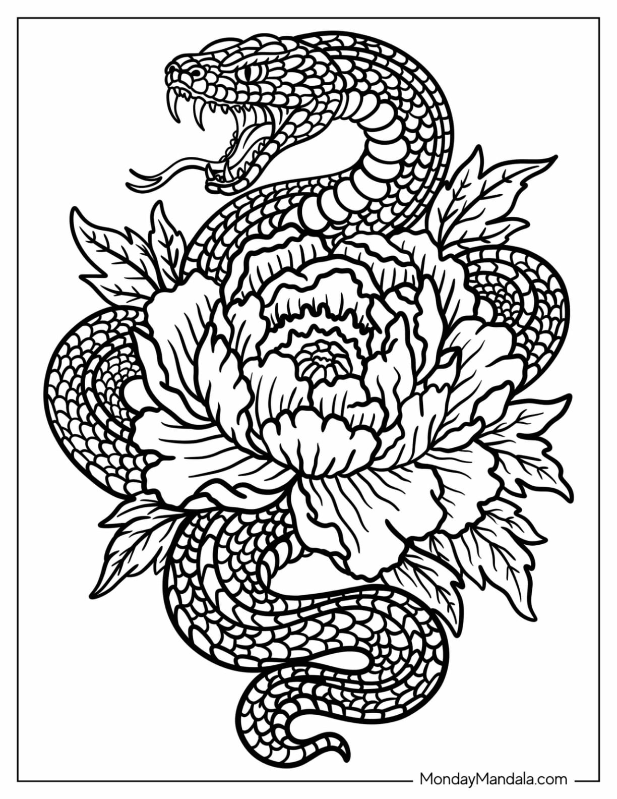 Snake Wrapped Around a Peony Flower Tattoo