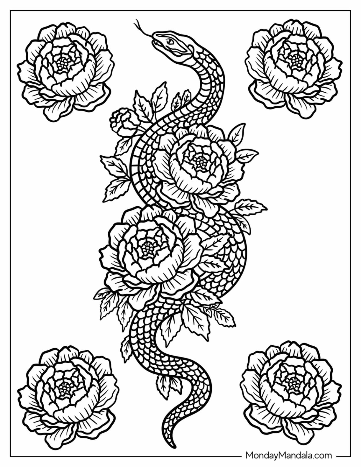 Snake and Peony Flowers Tattoo Coloring Sheet