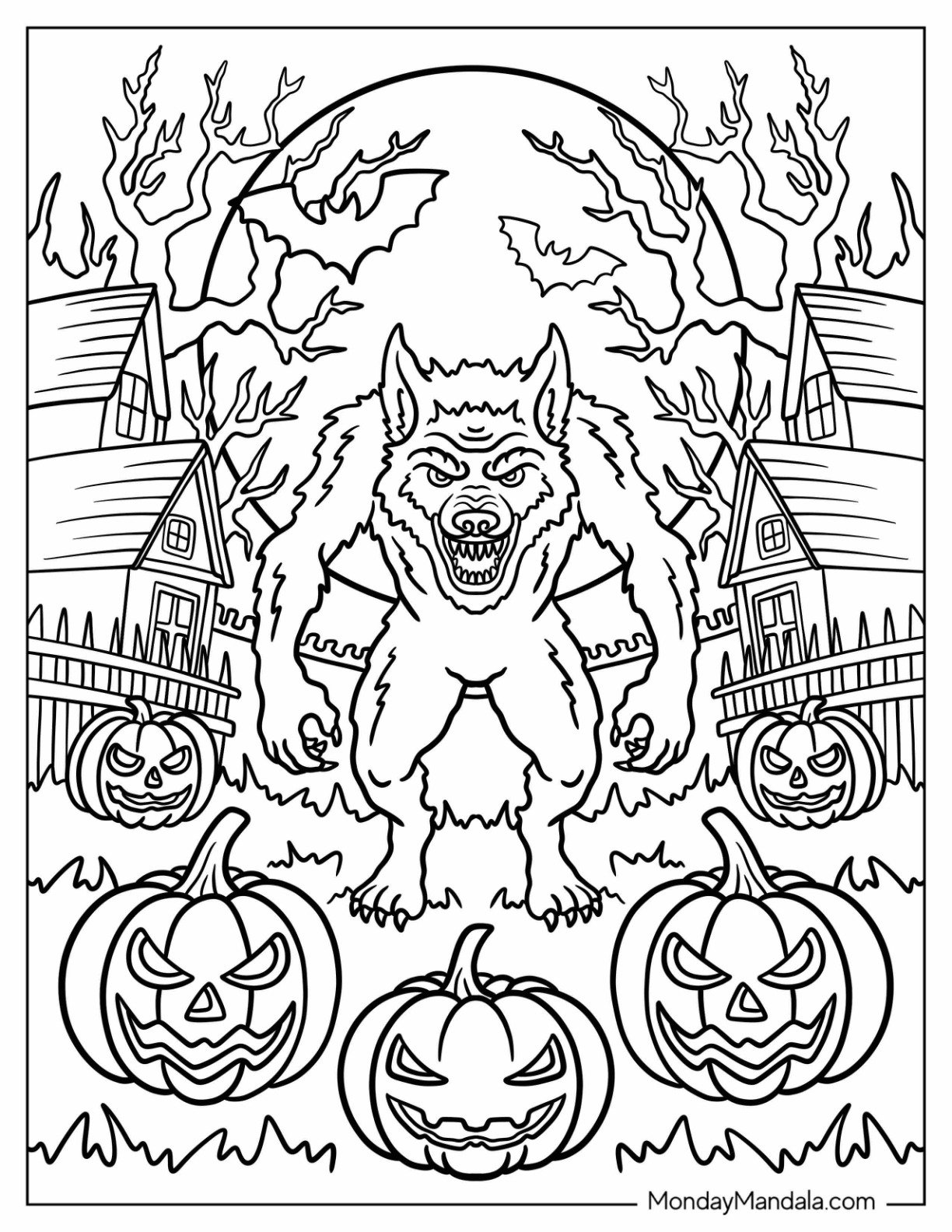 Snarling Werewolf Coloring Page in a Village with Jack O Lanterns