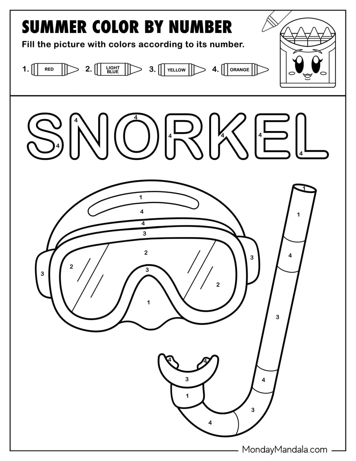 Snorkel Mask and Tube Summer Color by Number