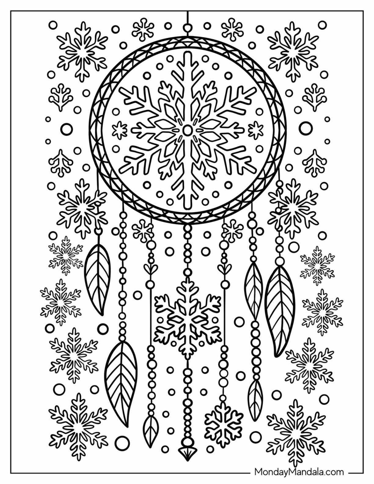 Snowflake Coloring Page Dreamcatcher with Feathers