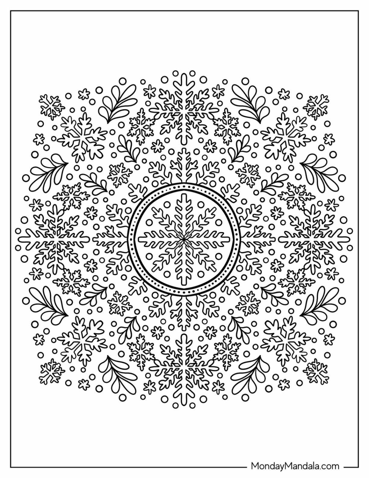 Snowflake Coloring Page Mandala with Leaves