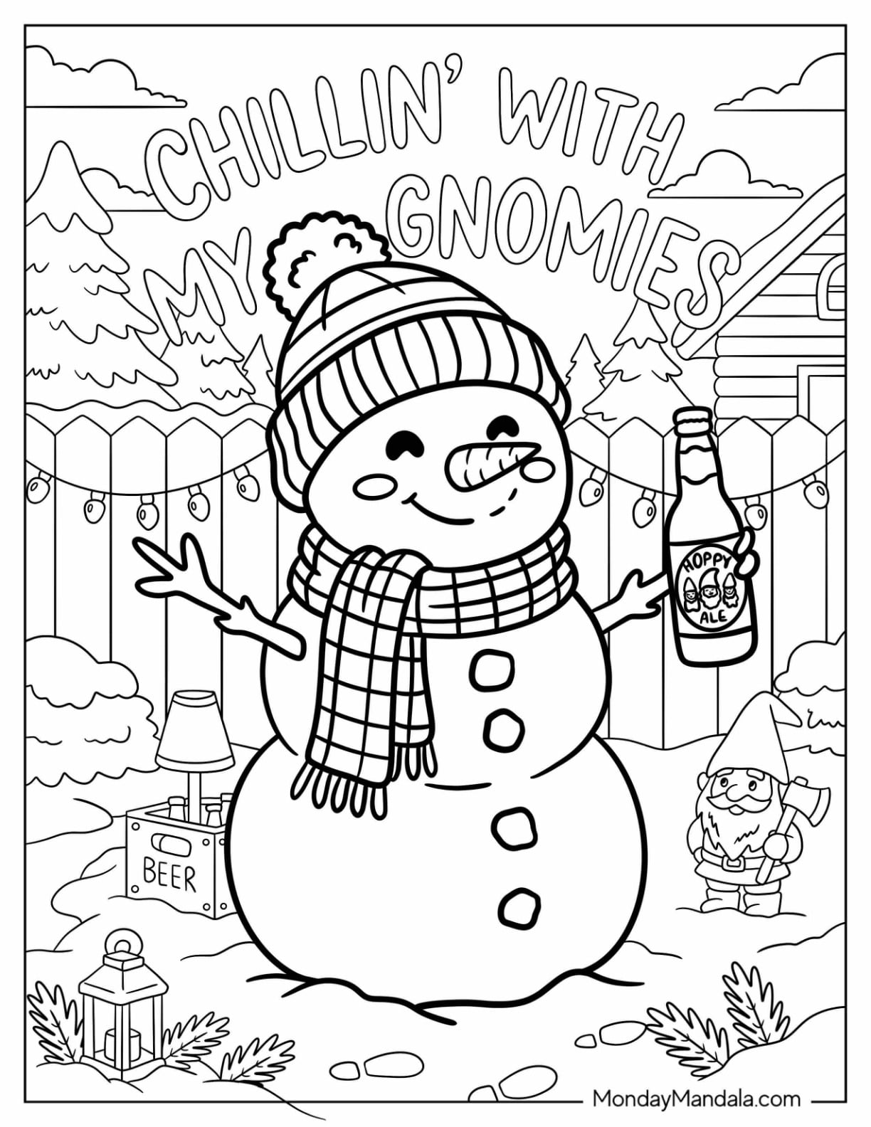 Snowman Chilling in the Backyard with Beer Christmas Coloring Page for Adults