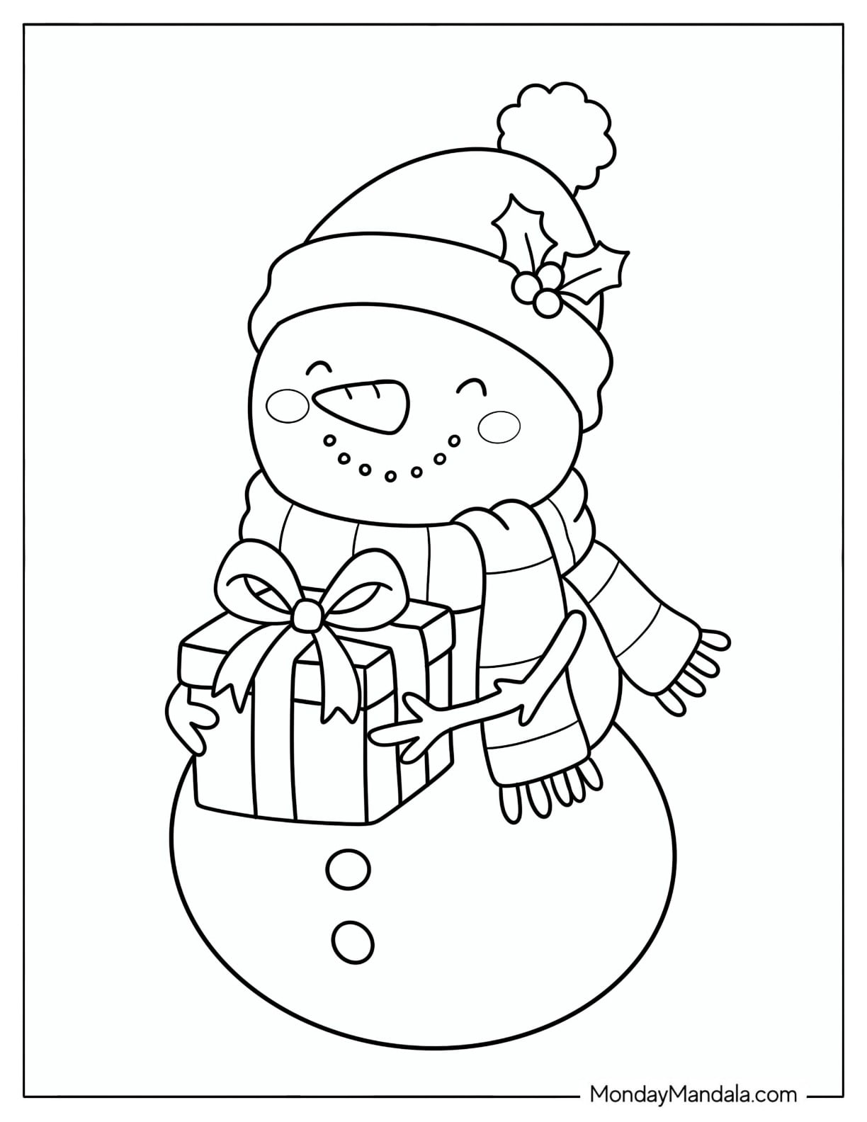 Snowman Holding a Wrapped Christmas Present Coloring Sheet for Preschoolers