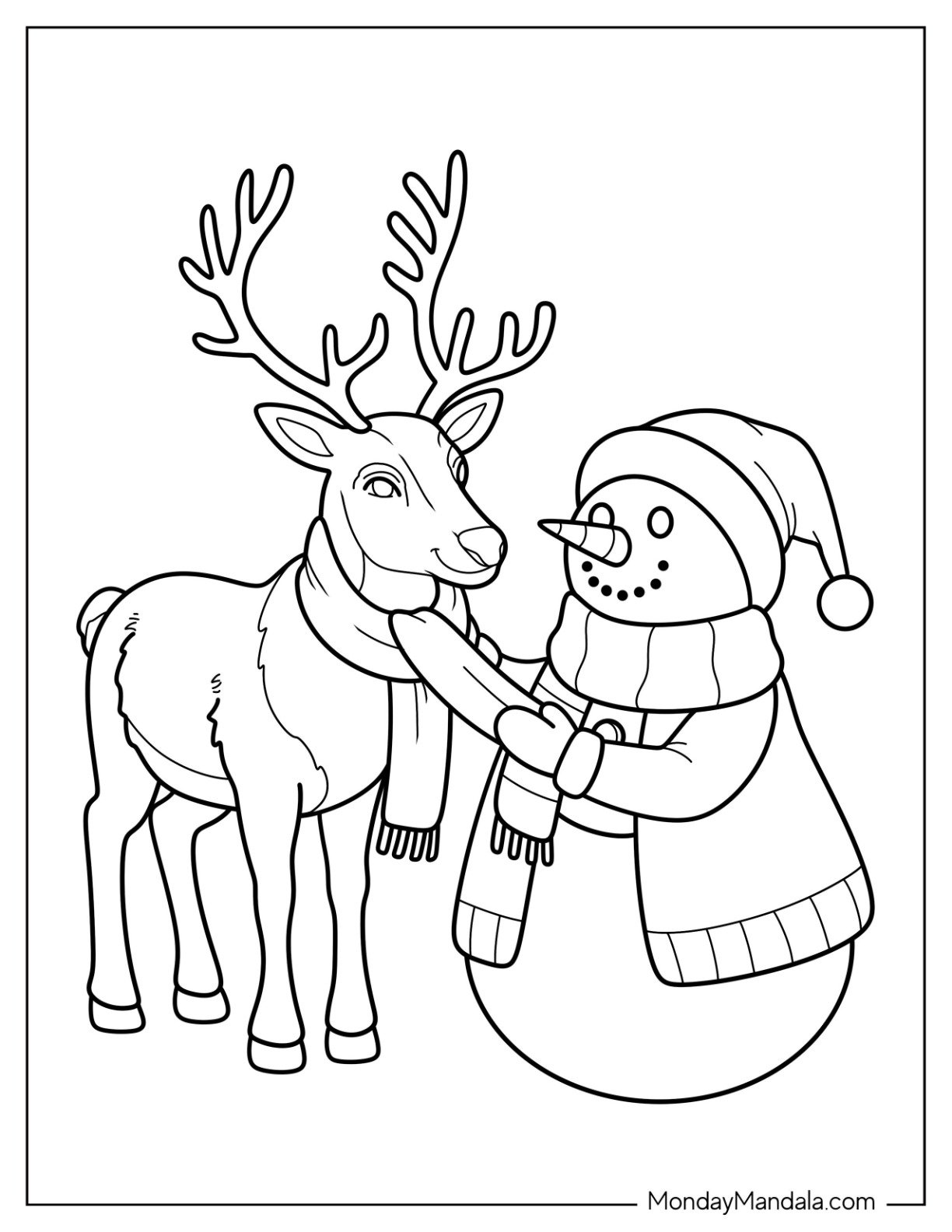 Snowman Wrapping a Scarf around a Reindeer s Neck Coloring Sheet