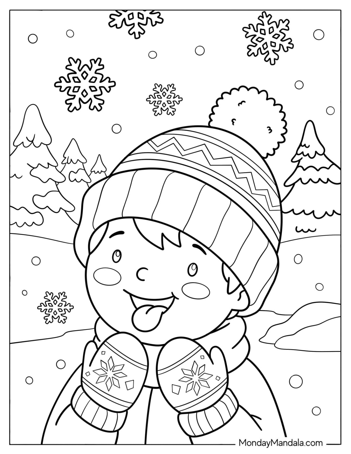 Canada Coloring Page of Snowy Canadian Winter Kid in Toque and Mittens