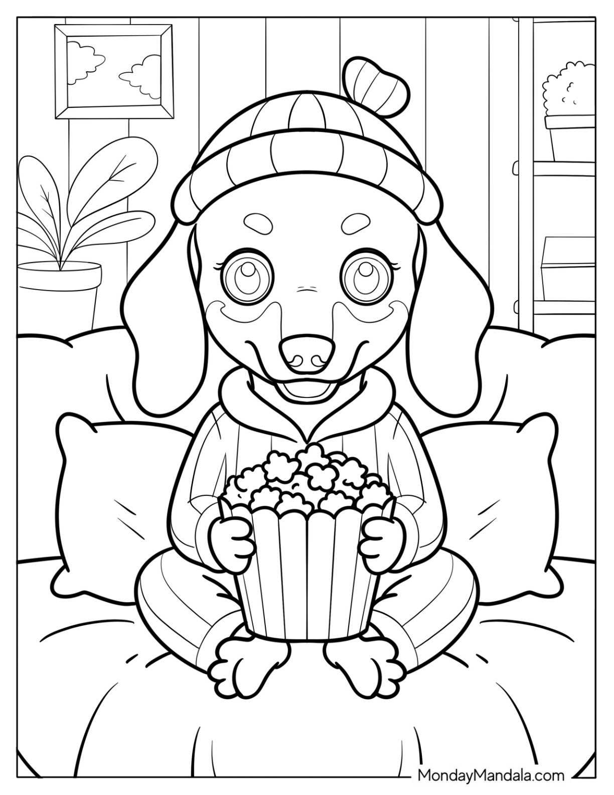 Snuggly Dachshund Puppy on Sofa with Popcorn Bucket and Pillows
