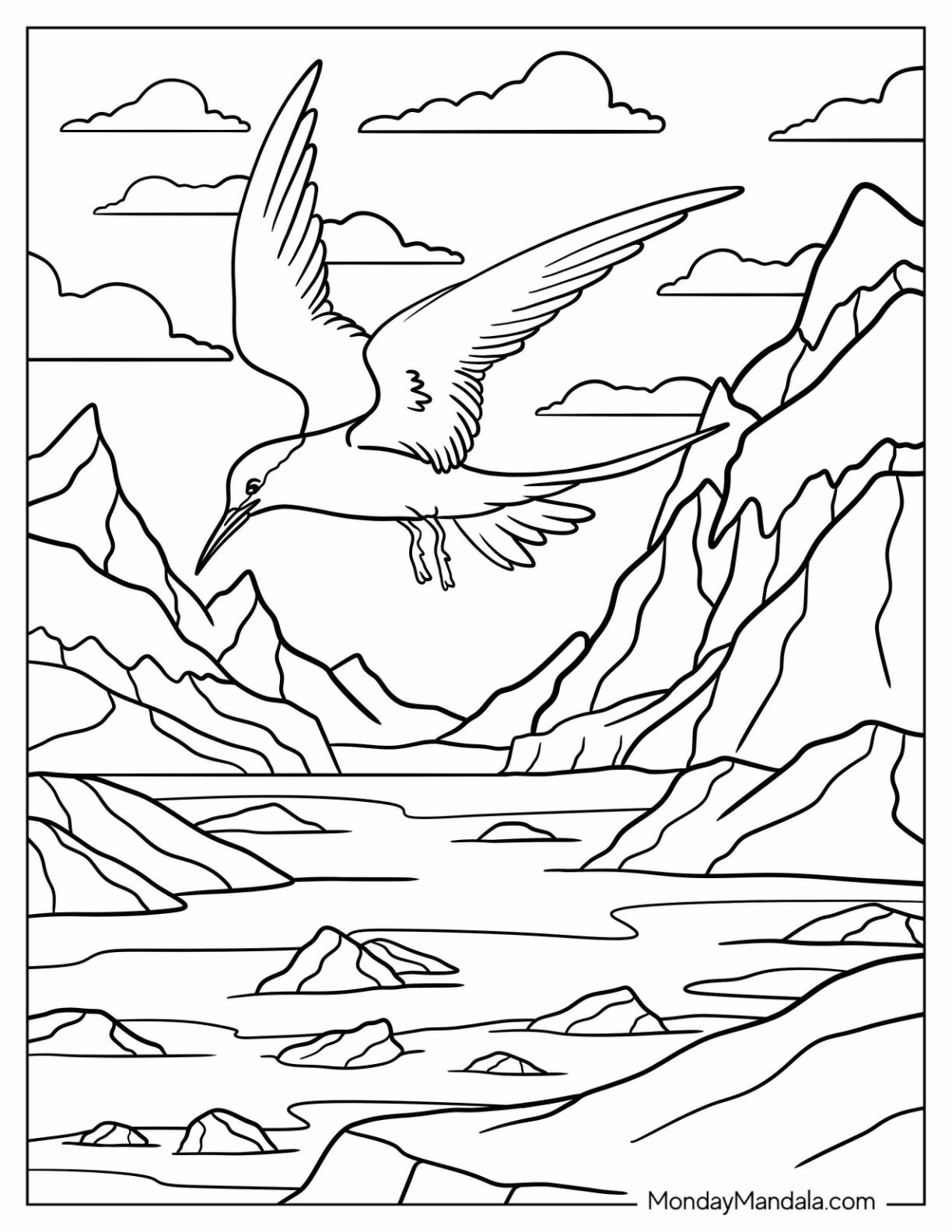 Soaring Arctic Animals Coloring Page of Tern in Mountain Landscape