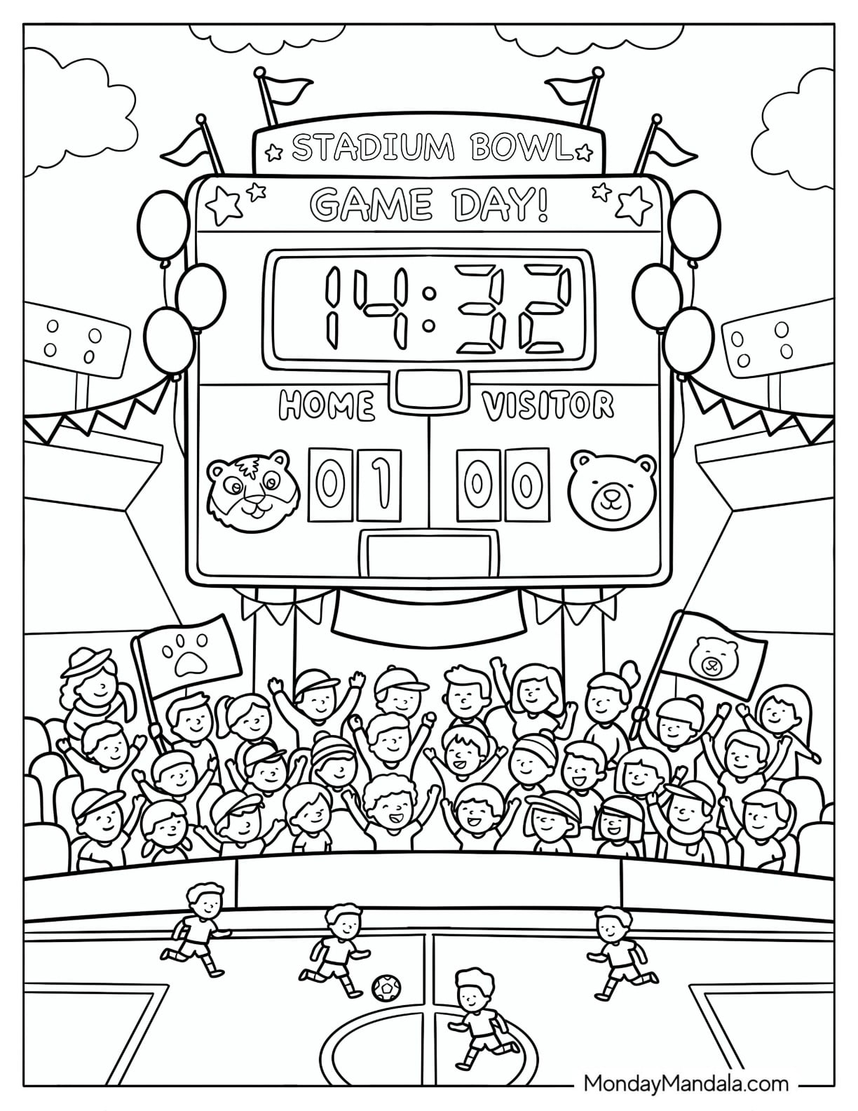 Soccer Stadium Game Clock Above a Cheering Crowd Coloring Sheet