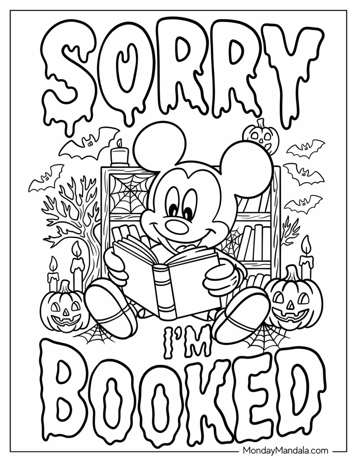 Disney Halloween Coloring Page of Sorry I m Booked Text with Mickey Mouse Reading Horror Story in Halloween