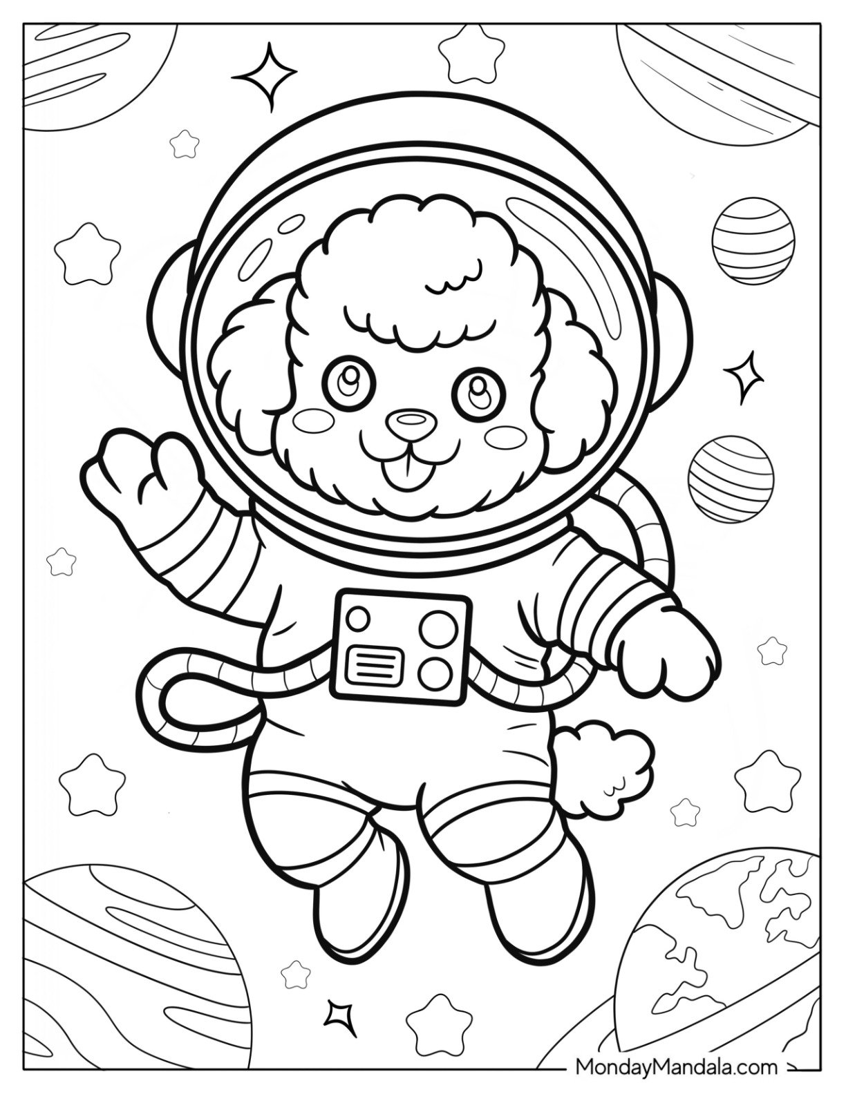 Space Poodle Coloring Page Floating Among Stars and Planets in Astronaut Suit for Kids