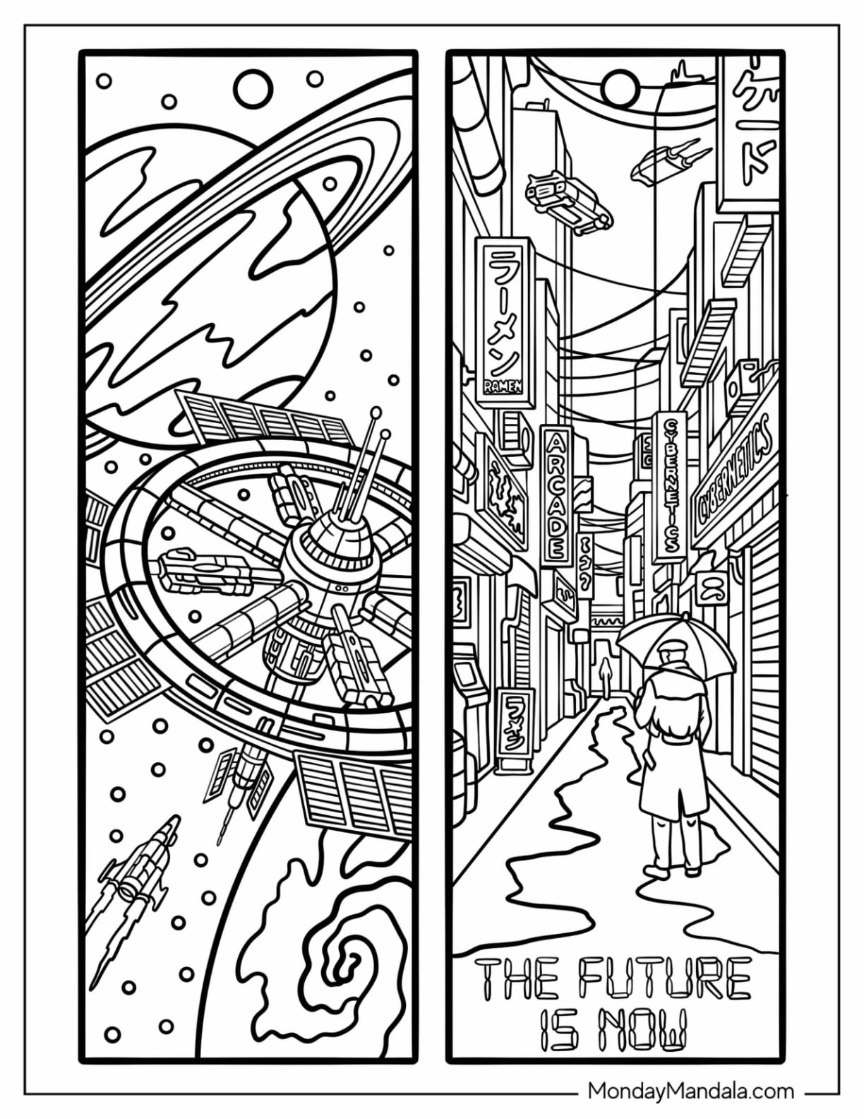 Space Station Orbiting Earth and Futuristic City Street Bookmark Coloring Page