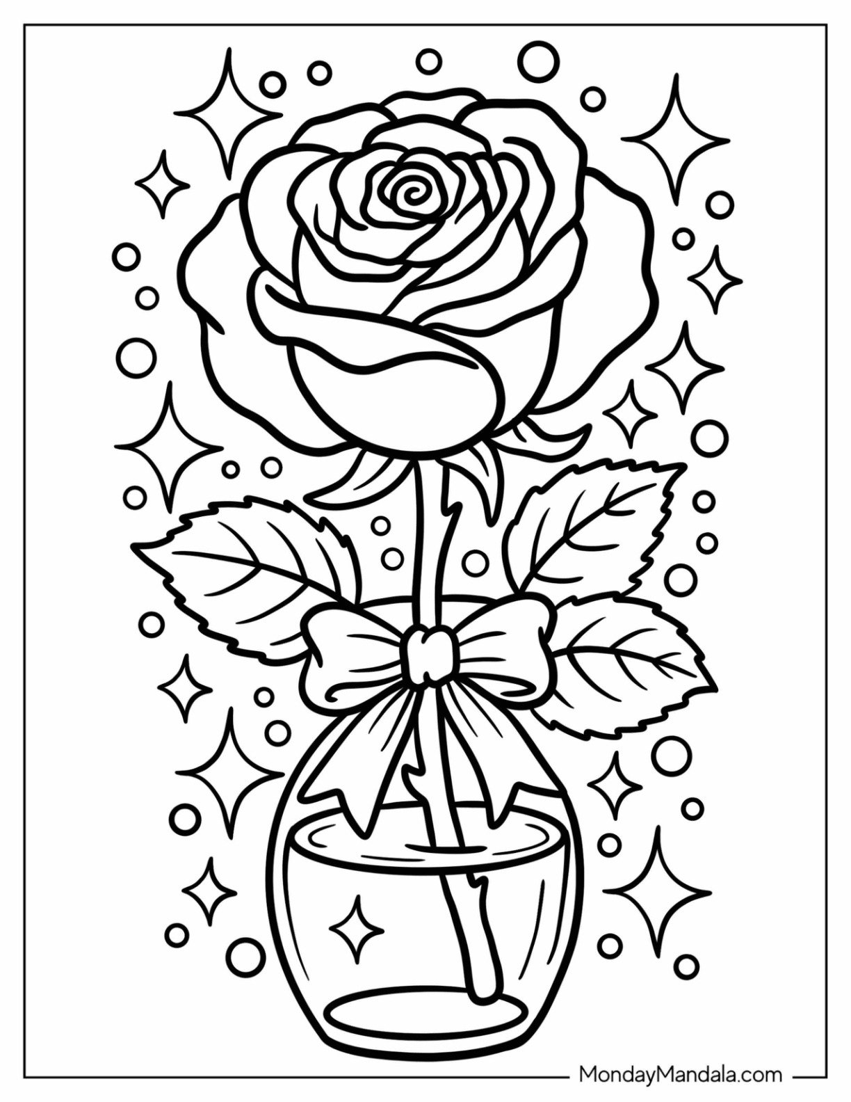 Sparkling Rose Coloring Page with Pretty Bow in a Jar Vase for Kids