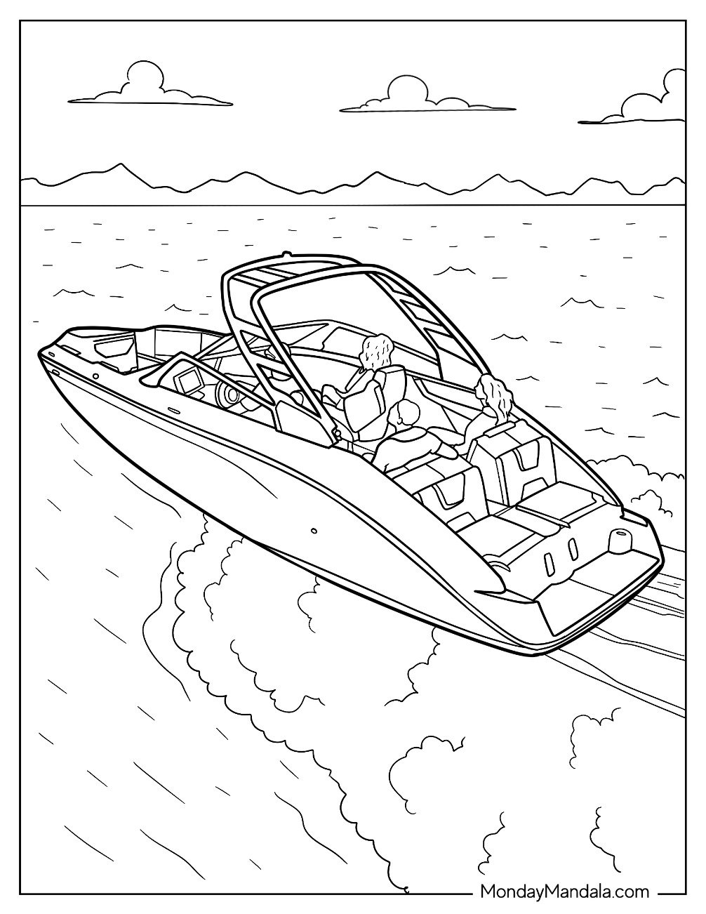 Boat & Ship Coloring Page of Speedboat Racing Across the Water with Passengers