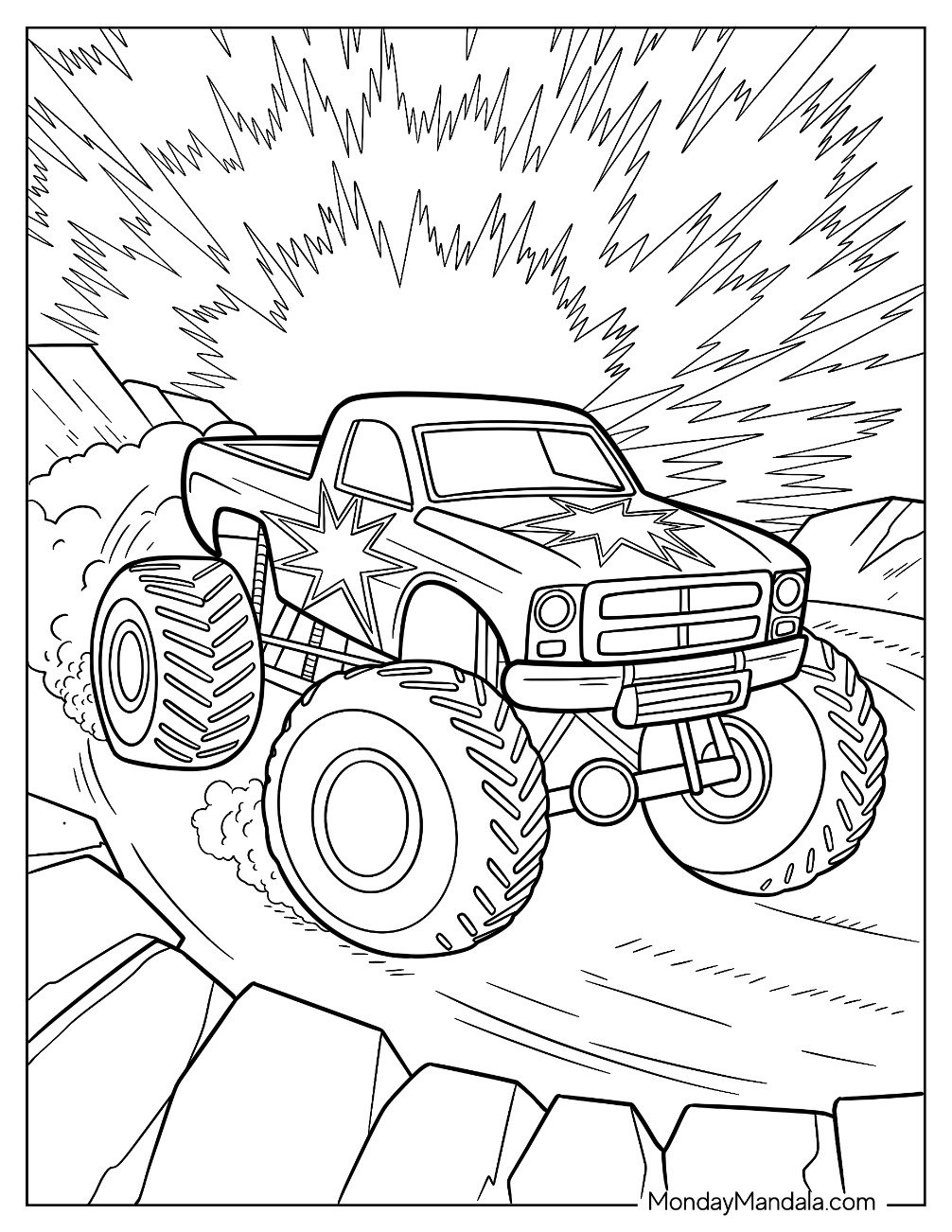 Speeding Monster Truck Coloring Page With Swirls Of Dust