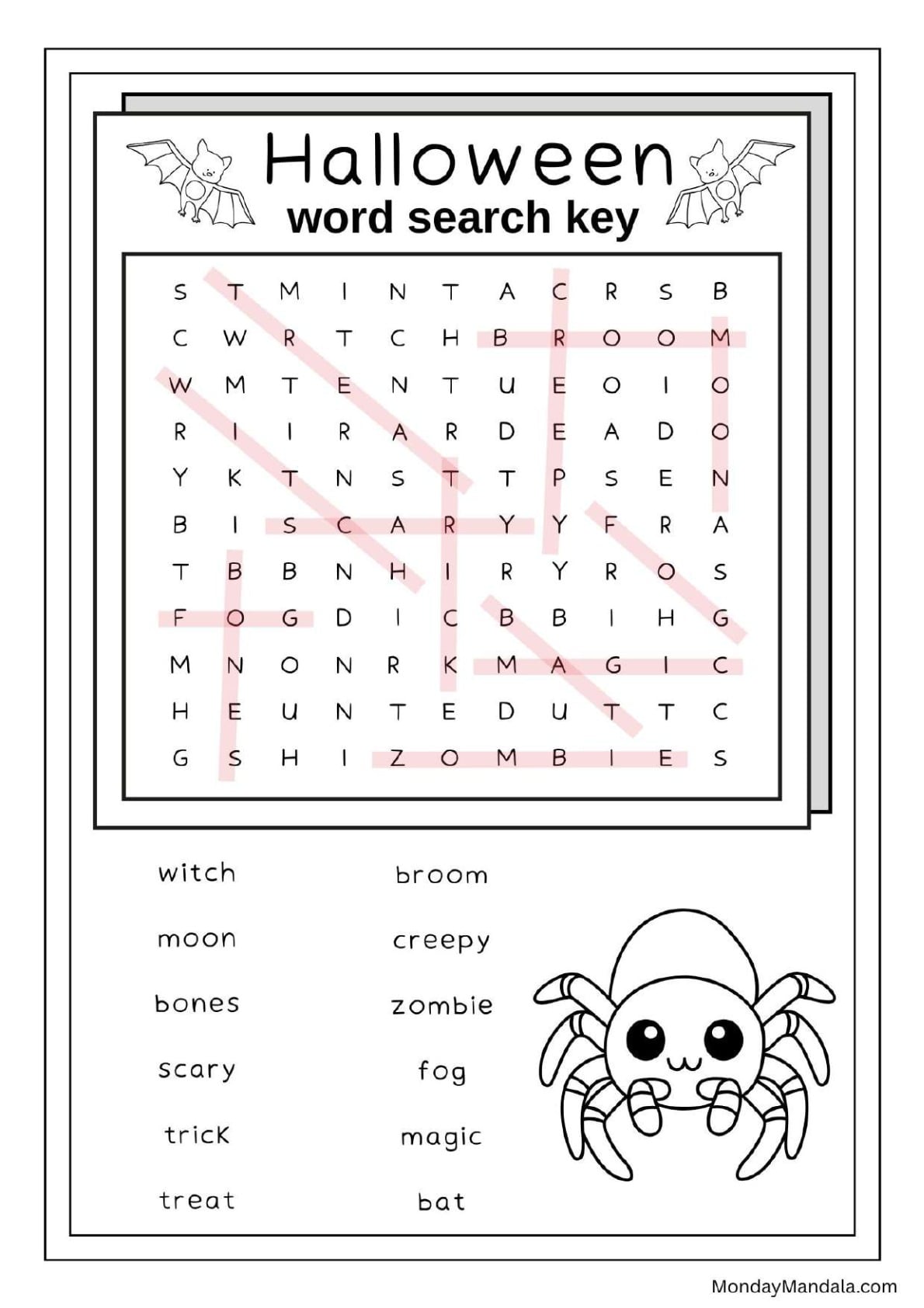 Spider & Bats Halloween Word Search Answer Key