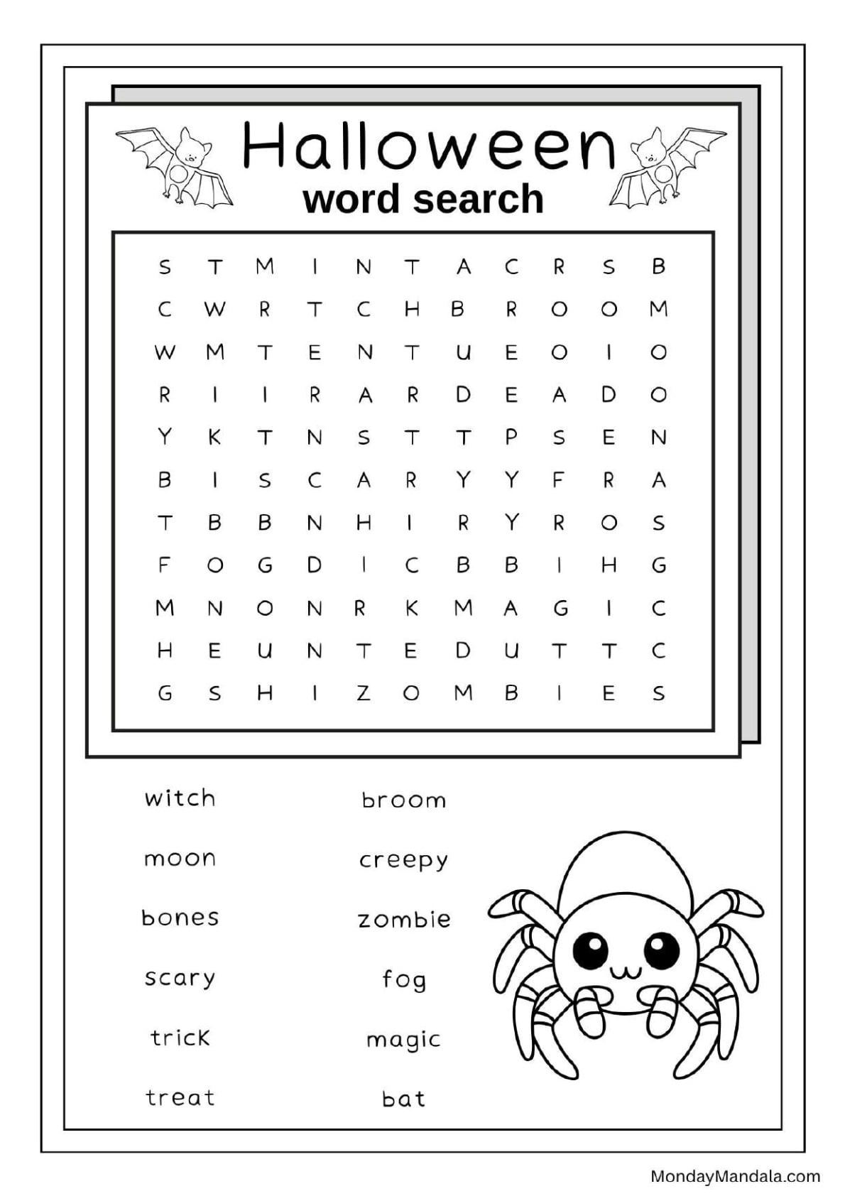 Spider & Bats Halloween Word Search