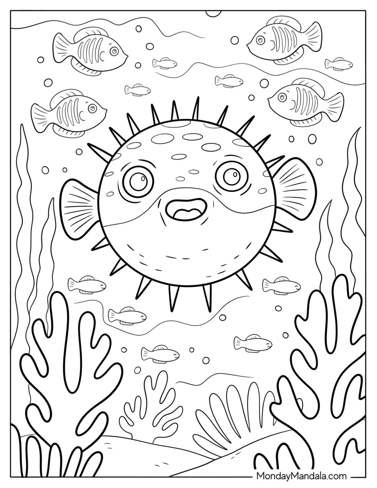 Fish Coloring Page of Spiky Pufferfish Floating Among Reef Fish and Plants for Kids