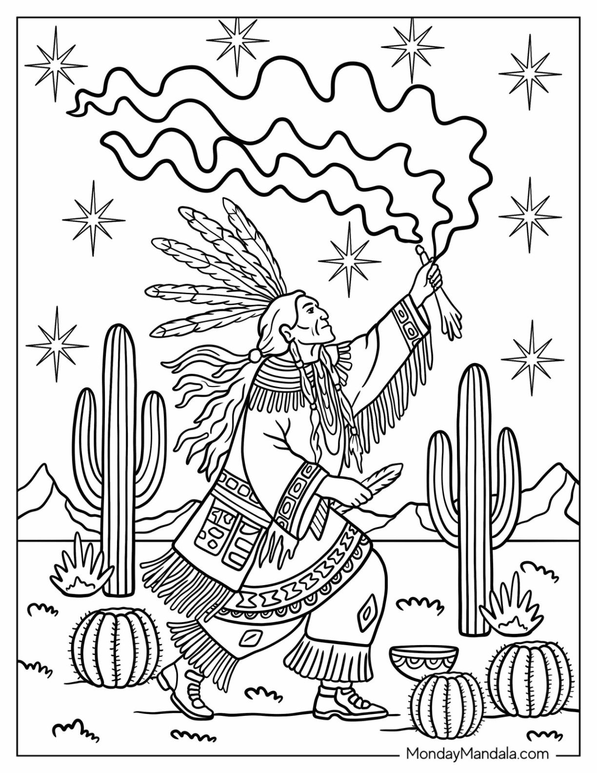 Spiritual Native American Coloring Page of Chief Performing Ritual in the Desert