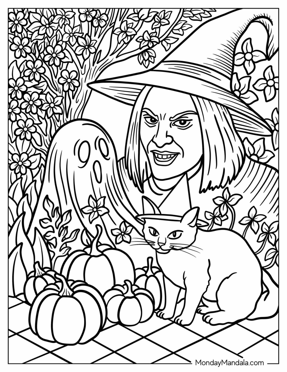 Autumn & Fall Coloring Page for Adults of Spooky Witch with Black Cat and Pumpkins