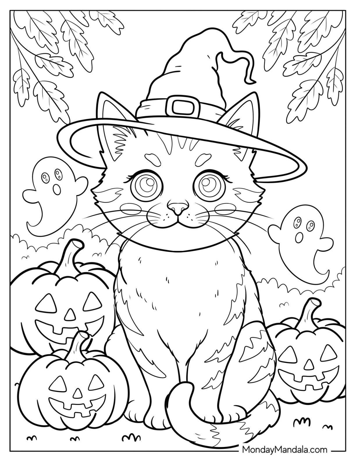 Spooky Halloween Cat Coloring Page Wearing Witch Hat with Pumpkins and Ghosts