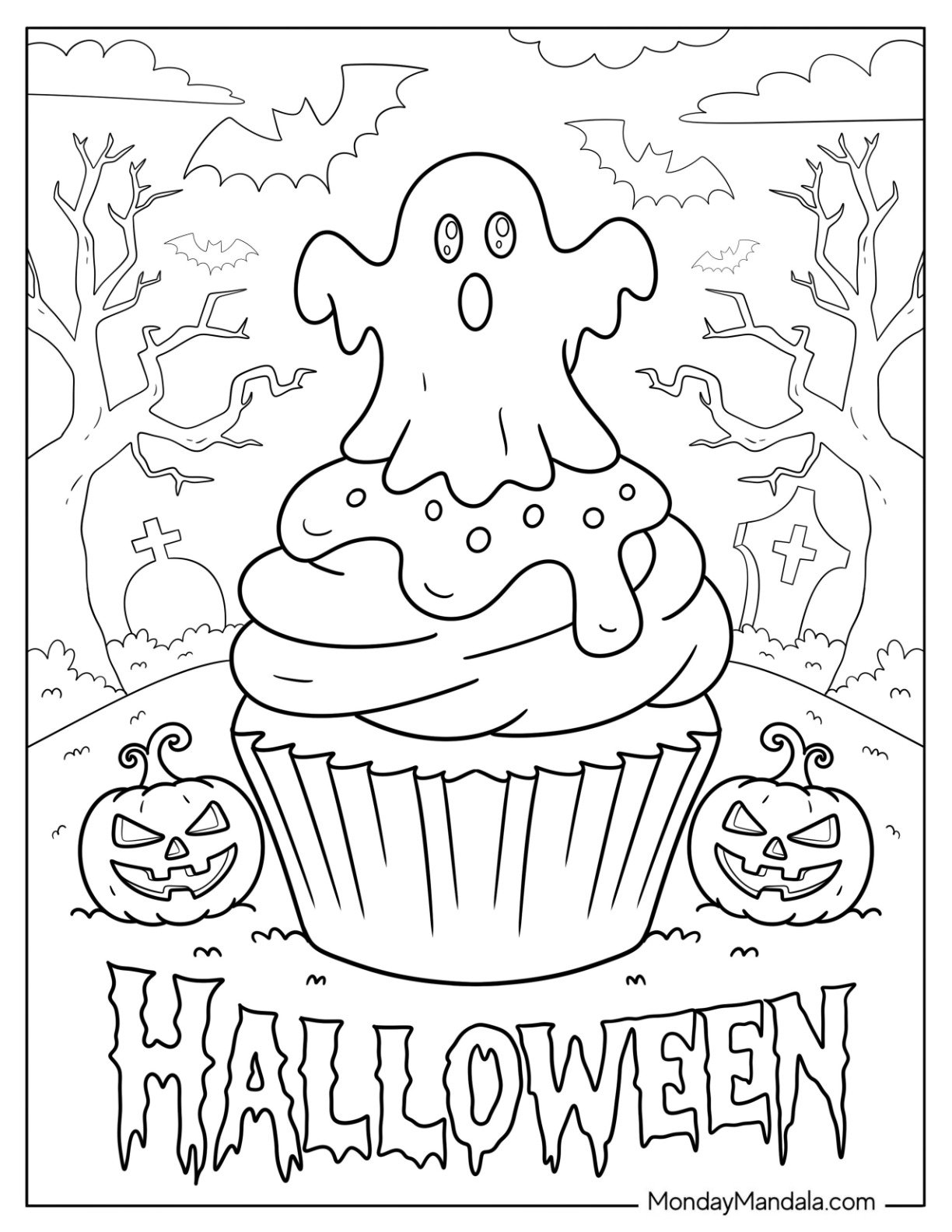 Spooky Halloween Cupcake Coloring Page with Ghost Topper and Jack o’ Lanterns