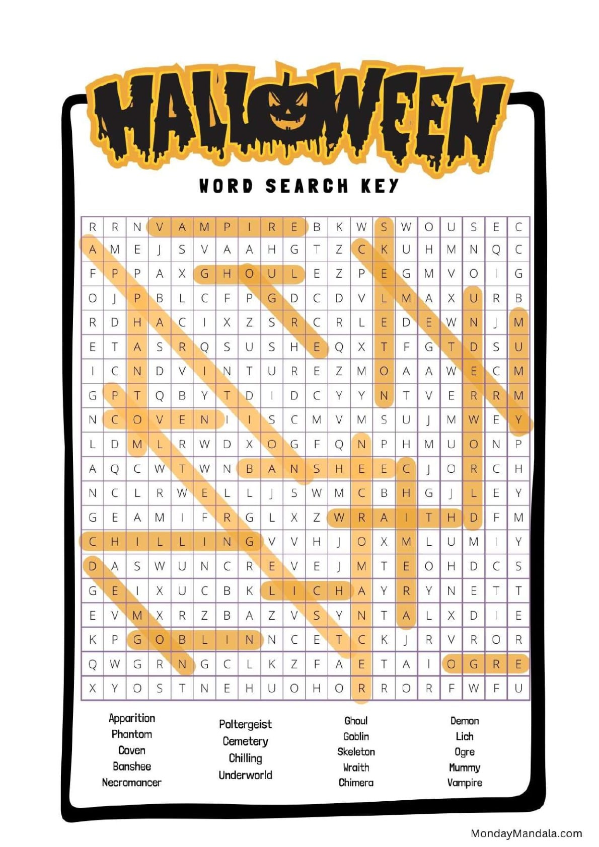 Spooky Halloween Word Search Answer Key