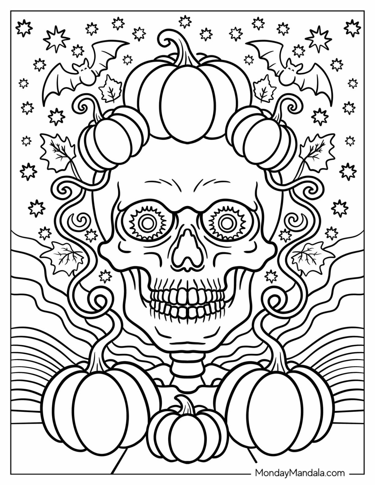 Spooky Skull Surrounded by Pumpkins, Bats, and Autumn Leaves