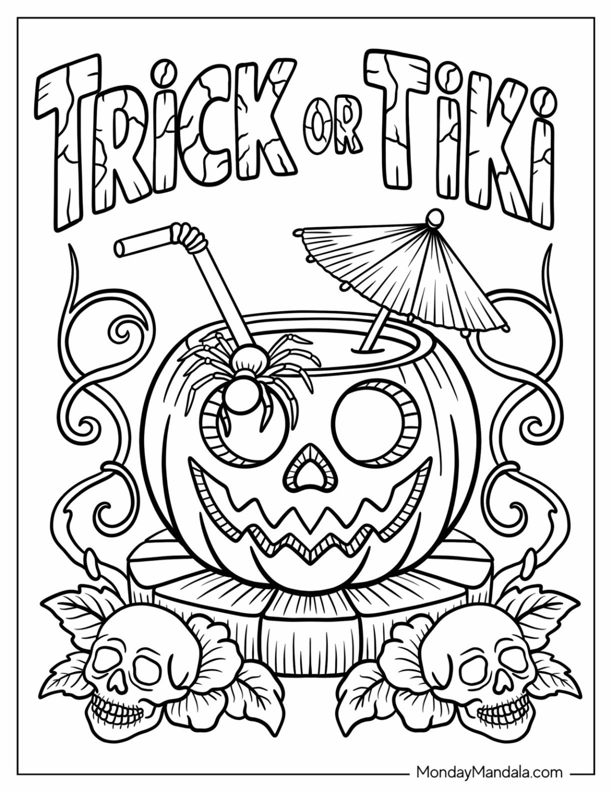 Spooky Tiki Bar Pumpkin Drink Surrounded by Skulls and Leaves Halloween Coloring Page for Adults