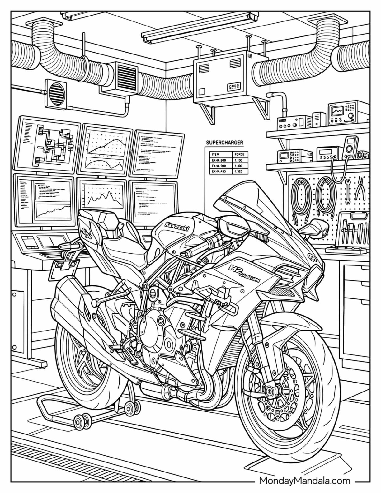 Sport Motorcycle in a Professional Racing Workshop Coloring Page