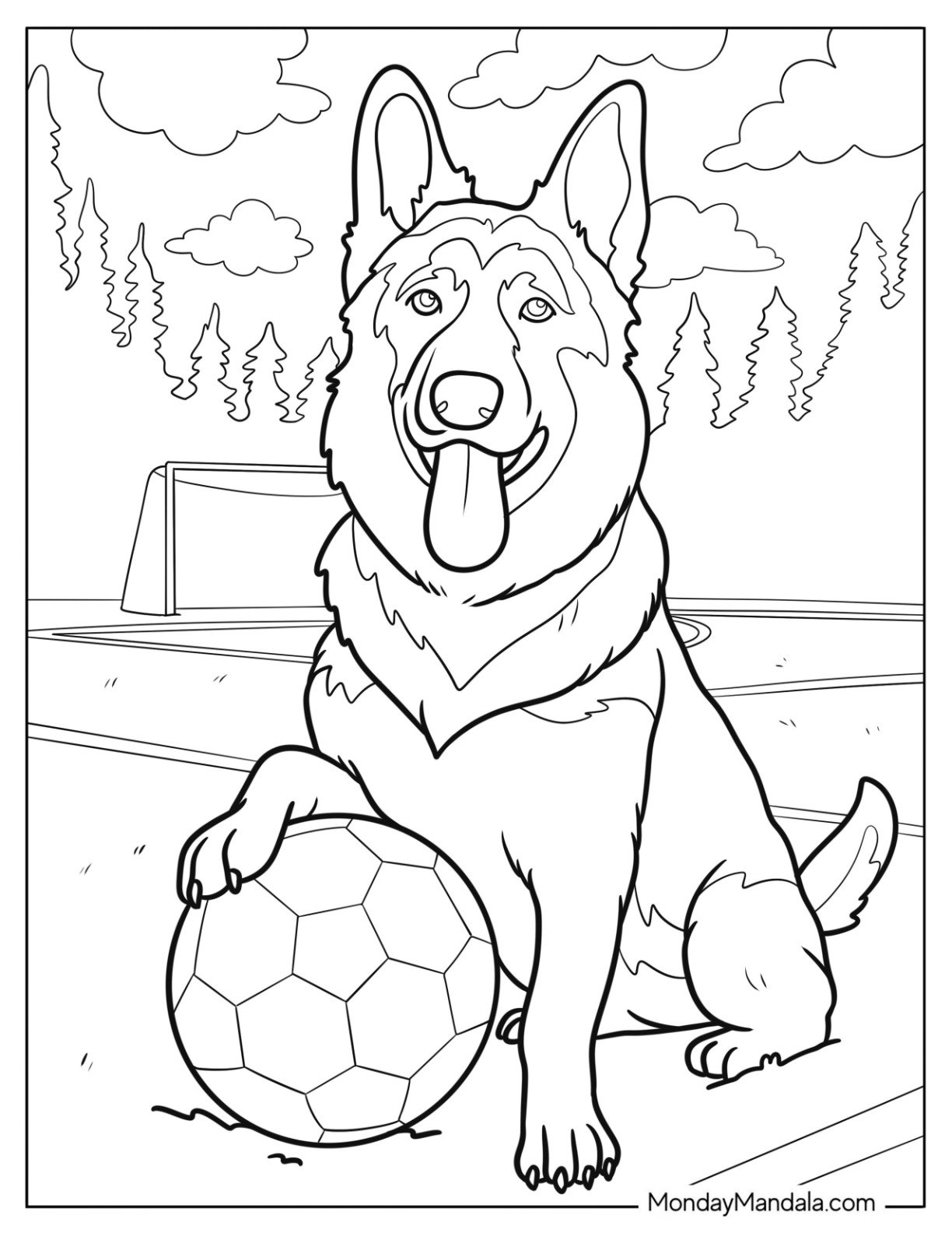 Sporty German Shepherd Coloring Page with Its Paw on a Soccer Ball