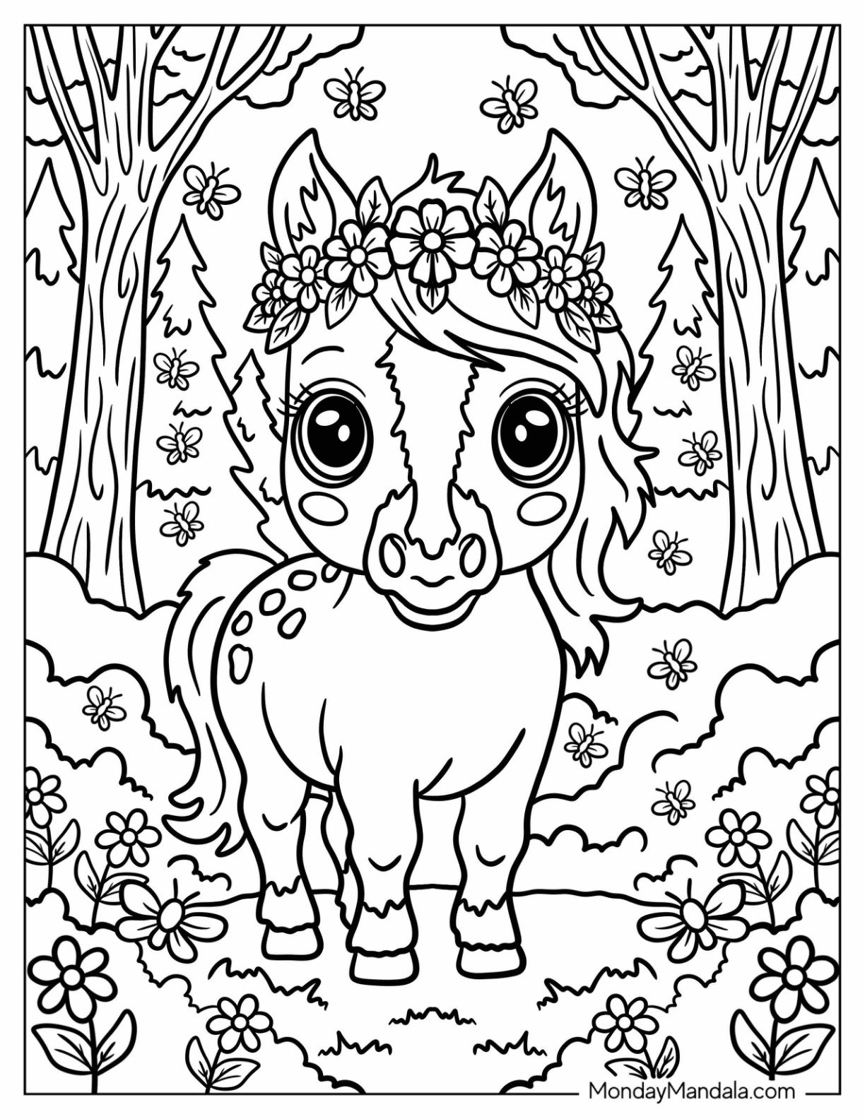 Spotted Horse Coloring Page with Flower Crown in Fantasy Forest for Kids