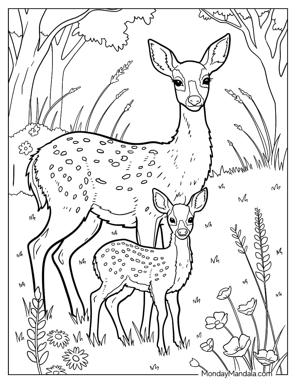 Spotted Mommy Deer Coloring Page with Her Foal
