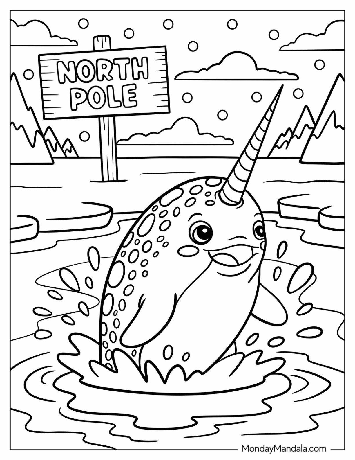 Spotted Narwhal Surfacing from the Water With North Pole Coloring Page Sign in the Background