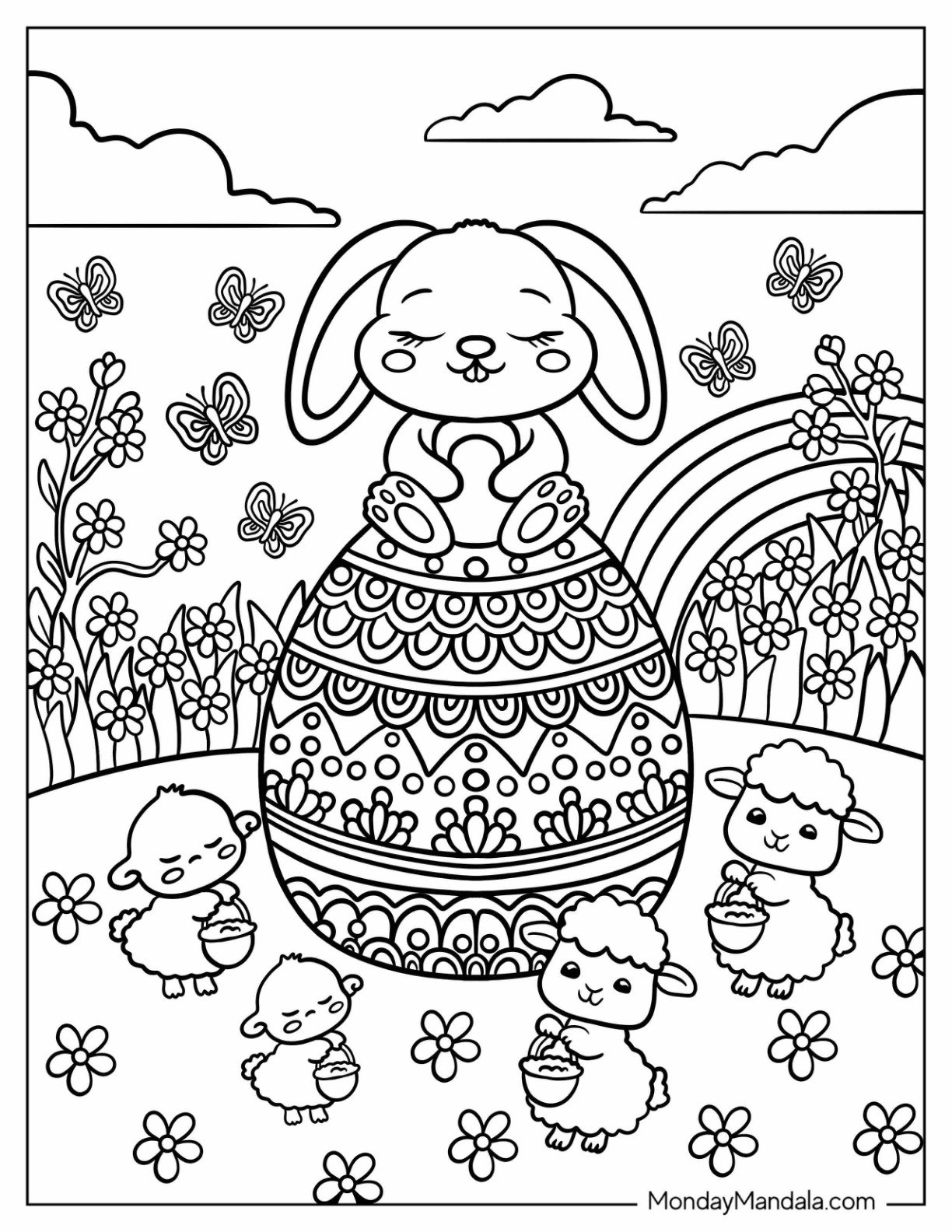 Easter Mandala Coloring Page of Spring Bunny Sitting on Easter Egg for Kids