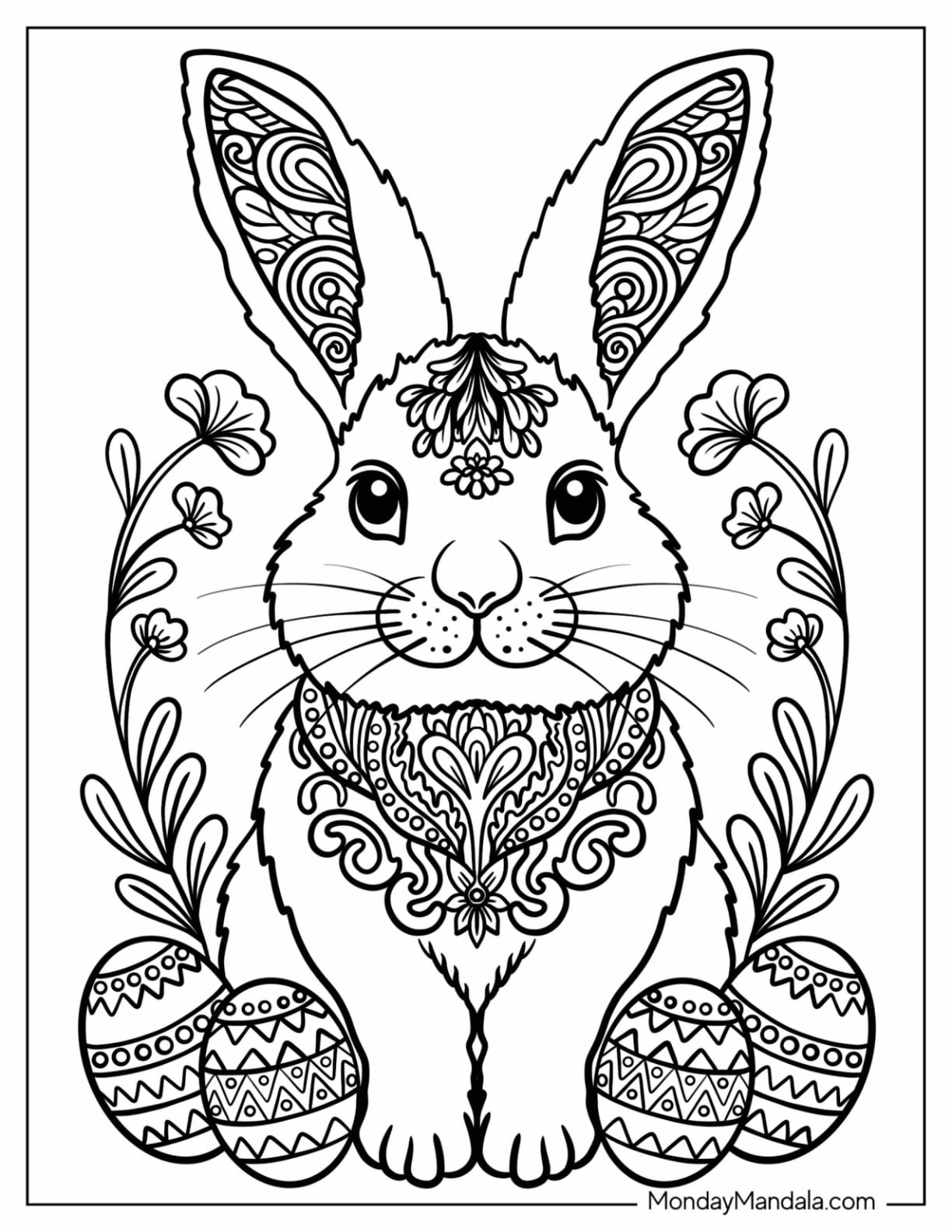 Easter Mandala Coloring Page of Spring Bunny with Mandala Ears and Easter Eggs for Kids