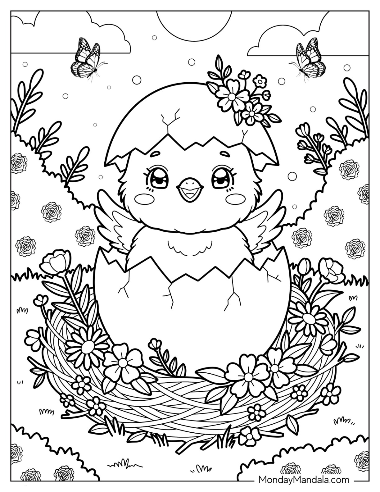 Spring Chick Hatching in a Flower Nest Coloring Page