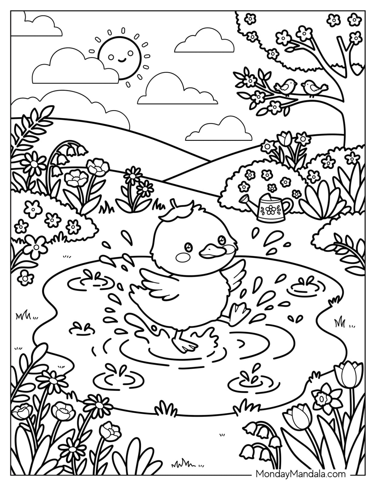 Spring Duckling Splashing in a Pond Coloring Page