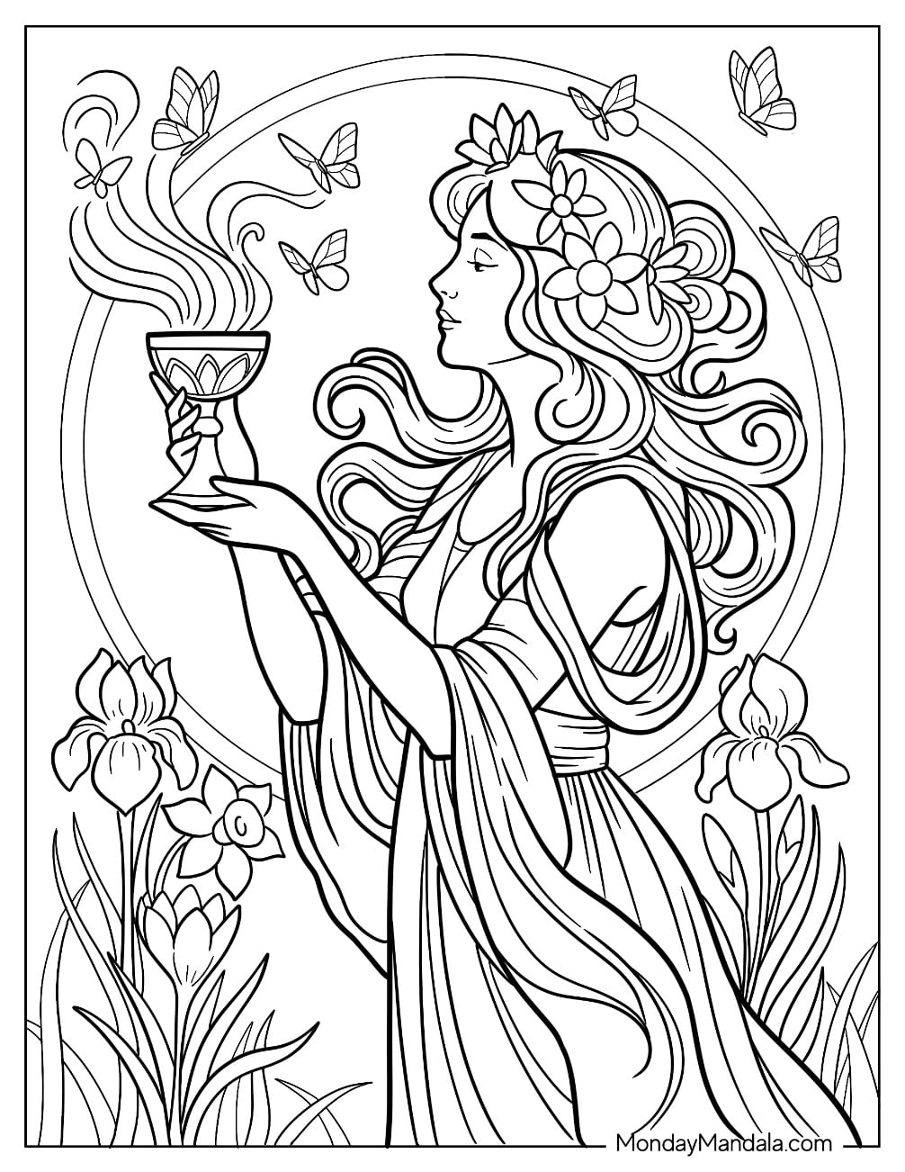 Easter For Adults Coloring Page of Spring Goddess Holding Goblet with Butterflies