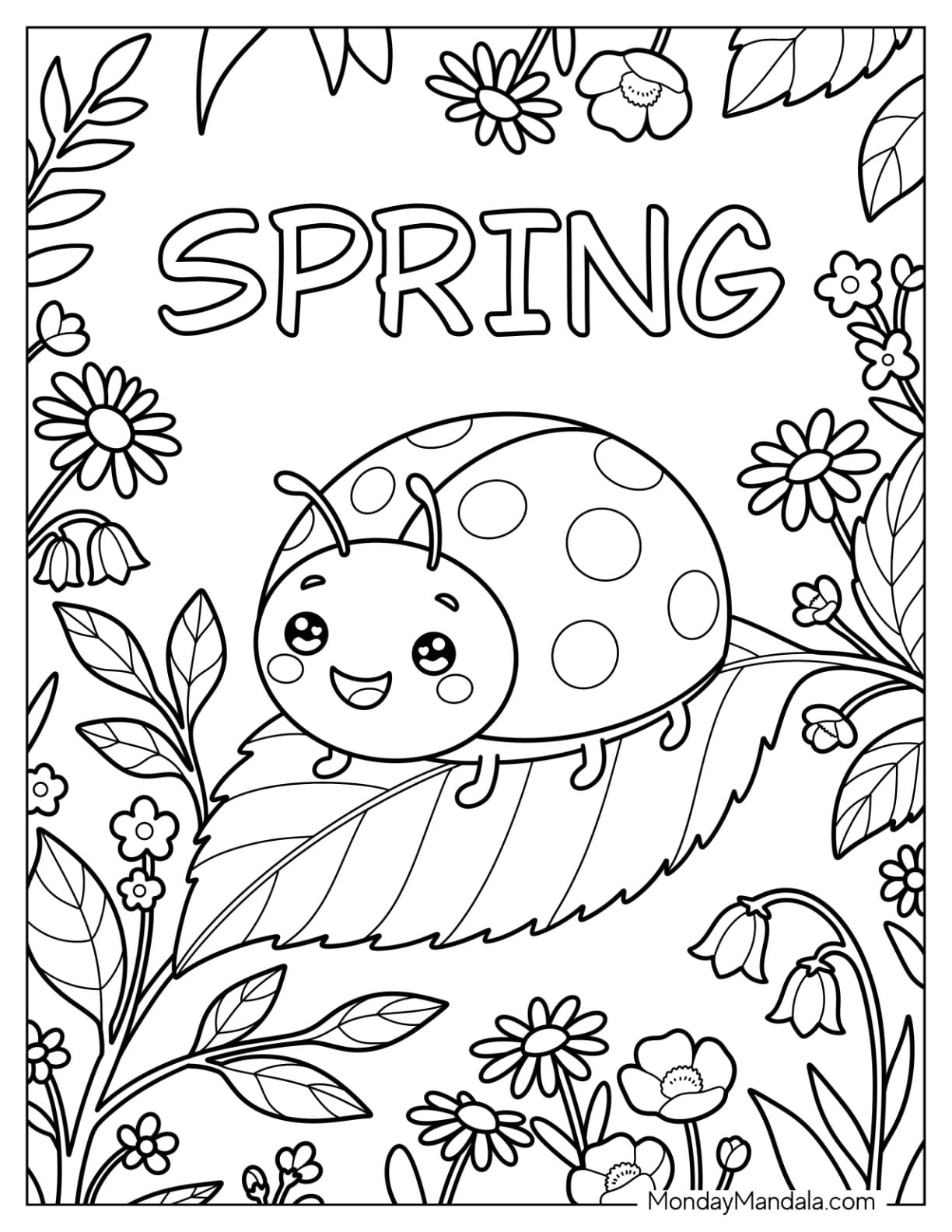 Spring Ladybug Resting on a Leaf Coloring Page for Kids