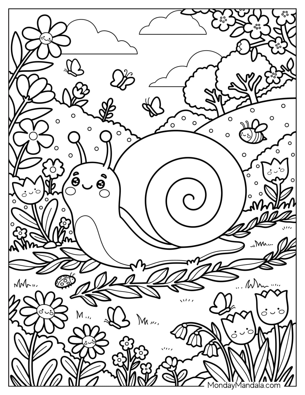 Spring Snail Crawling Through a Flower Meadow Coloring Page